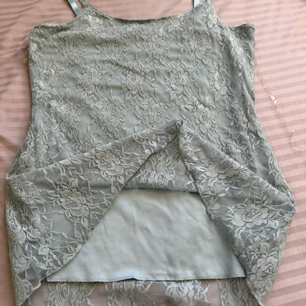 Fairycore Sage Green Floral Lace Camisole Metallic Shimmer Lined Top Large - Picture 4 of 6